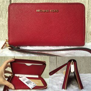 NEW Michael Kors ID Card Multifunction Phonecase Ip8 Plus Wristlet Wallet CHERRY